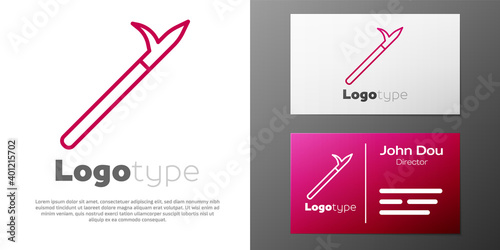 Logotype line Metal pike pole with wooden handle icon isolated on white background. Spear, pickaxe, hook hand extinguishing instrument and tool for fireman. Logo design template element. Vector.