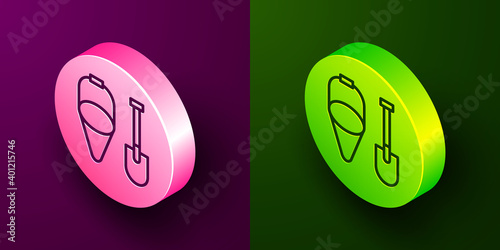 Isometric line Fire shovel and cone bucket icon isolated on purple and green background. Circle button. Vector.