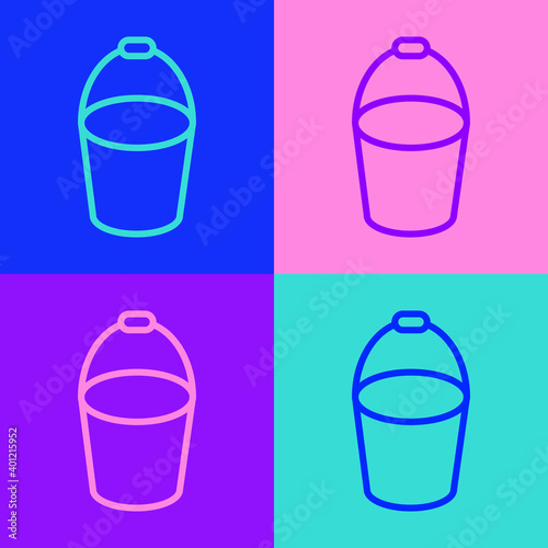 Pop art line Fire bucket icon isolated on color background. Metal bucket empty or with water for fire fighting. Vector.