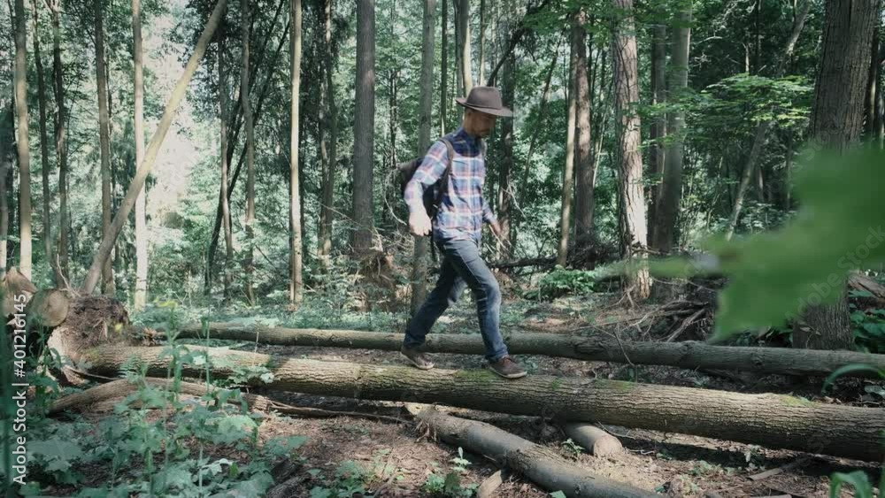 Stylish young man in felt hat and plaid shirt with leather backpack walking along a fallen tree trunk in forest, holding balance. Adventure vibes and wanderlust. Stylish young man in felt hat and plaid shirt with leather backpack walking along a fallen tree trunk in forest, holding balance. Adventure vibes and wanderlust.