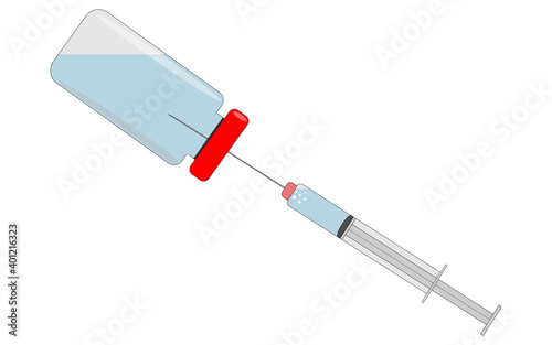 vector illustration drawing of a syringe that sucks a medicine of a blue tint with a sharp thin needle from a glass bottle with a red cap and glare on a white background for use in medical symbols