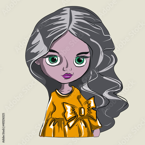 A cute, beautiful doll with a naive face and lush hair. Portrait of a girl, doll. Vector isolated images.