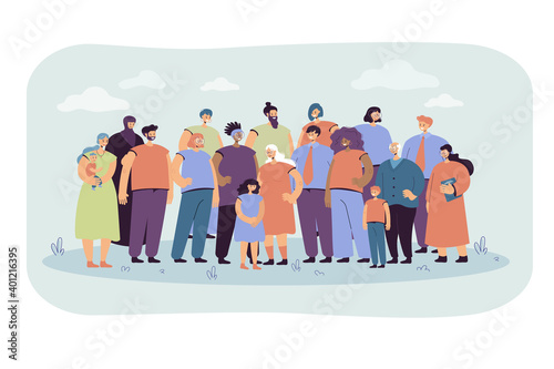Multinational crowd of people standing together flat vector illustration. Portrait of cartoon diverse young and old men, women and kids. Multicultural society and community concept
