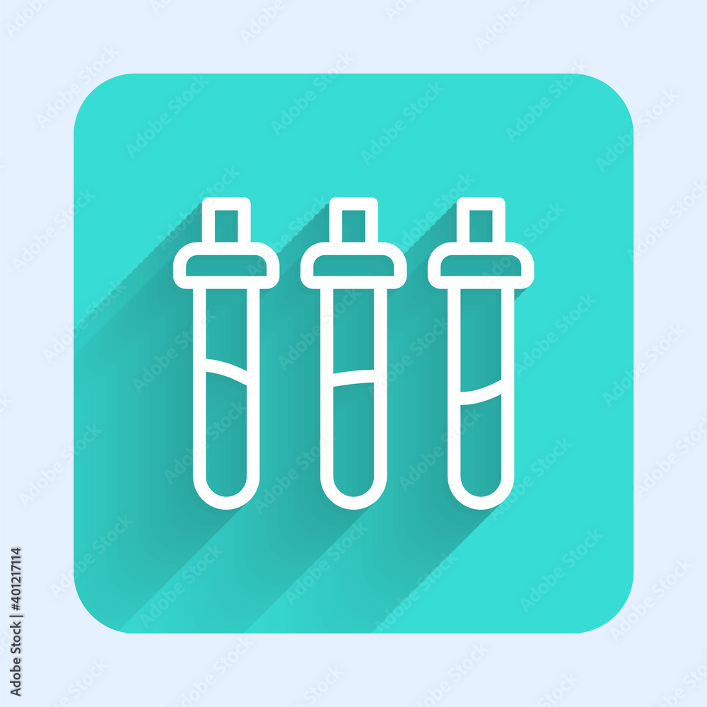 White line Reagent bottle for physics and chemistry icon isolated with long shadow. Green square button. Vector. White line Reagent bottle for physics and chemistry icon isolated with long shadow. Green square button. Vector.