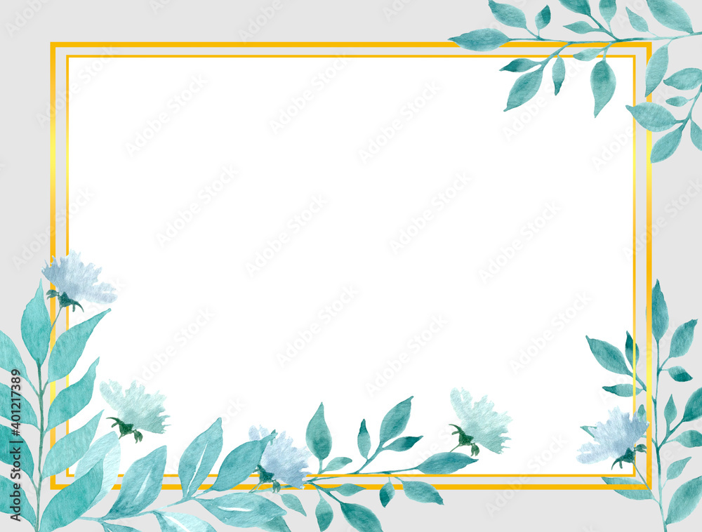 Watercolor horizontal square frame with tree branches with gold border Blank, no text. Spring design. Invitation, greeting, postcard, blank, banner.