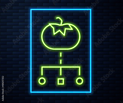Glowing neon line Genetically modified food icon isolated on brick wall background. GMO fruit. Vector. © Kostiantyn