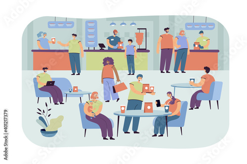 Positive people eating in cafe isolated flat vector illustration. Cartoon characters having lunch in food court. Cafeteria interior and restaurant in shopping mall concept
