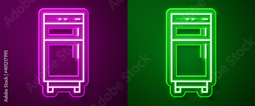 Glowing neon line Refrigerator icon isolated on purple and green background. Fridge freezer refrigerator. Household tech and appliances. Vector.
