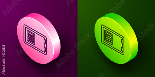 Isometric line Safe icon isolated on purple and green background. The door safe a bank vault with a combination lock. Reliable Data Protection. Circle button. Vector.