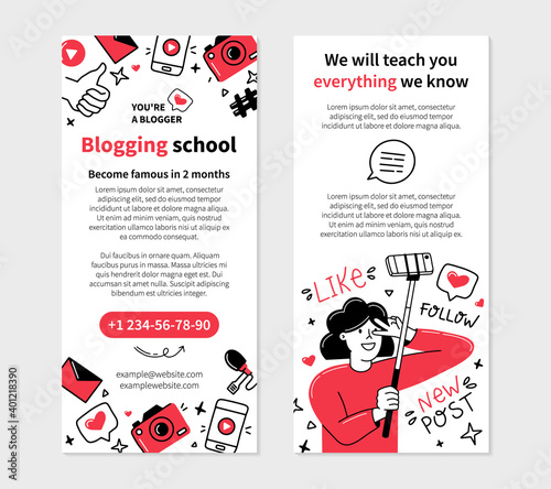 Blogging school flyer for printing in Doodle style, double-sided vector template with female blogger who shoots a vlog on the phone