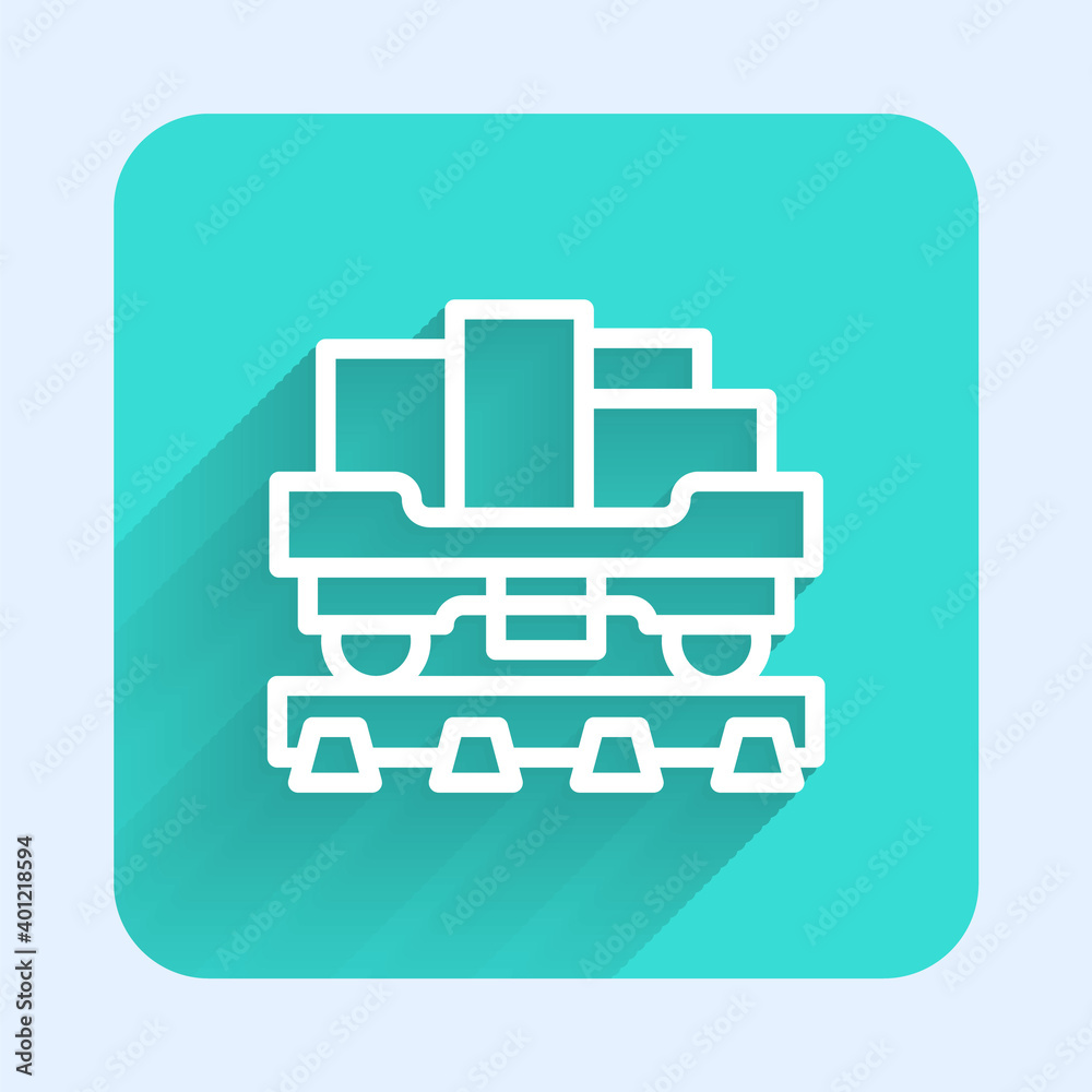 White line Cargo train wagon icon isolated with long shadow. Full freight car. Railroad transportation. Green square button. Vector.