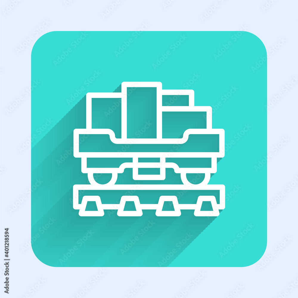 White line Cargo train wagon icon isolated with long shadow. Full freight car. Railroad transportation. Green square button. Vector. White line Cargo train wagon icon isolated with long shadow. Full freight car. Railroad transportation. Green square button. Vector.