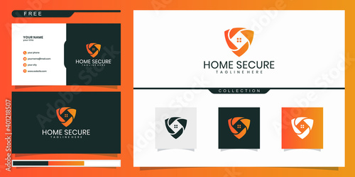 Home security logo with shield and house in gradient colors. logo design and business card