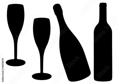 Festive set of wine and glasses. Vector image.