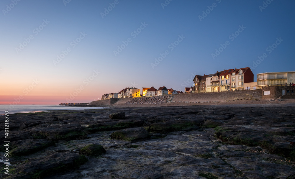 Scenic view of the seafront of Ambleteuse on the French Opal Coast at sunset.