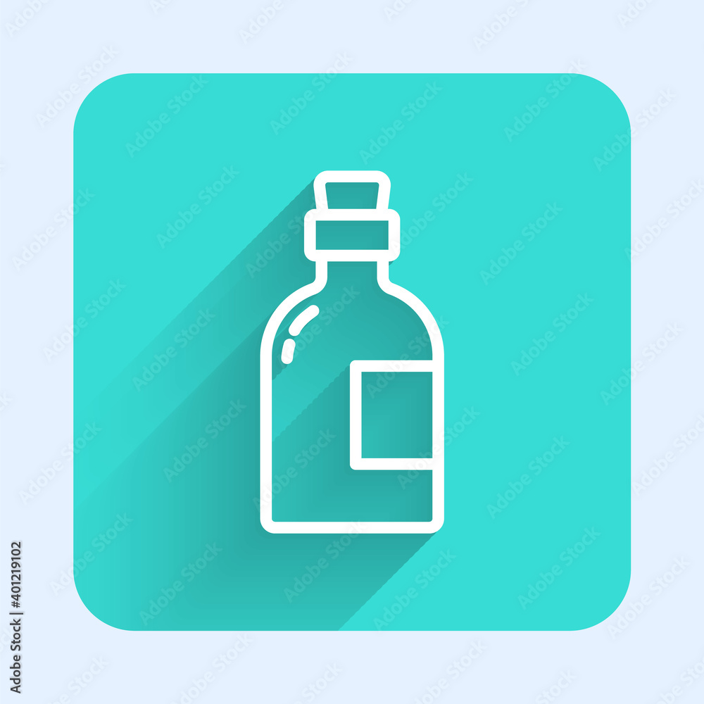 White line Alcohol drink Rum bottle icon isolated with long shadow. Green square button. Vector.