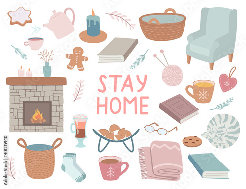Set of isolated elements cozy home, stay at home. The concept of coziness and comfort, vector hand-drawn illustration in a cute style.