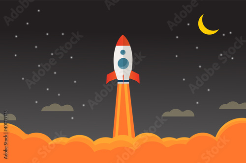 Space rocket launch. Vector illustration of starting space rocket with smoke clouds on dark night sky background.