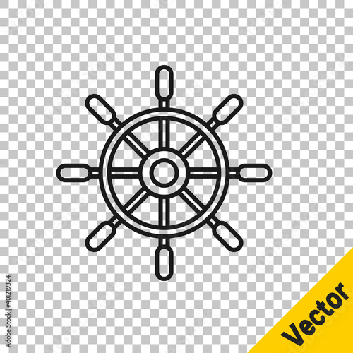 Black line Ship steering wheel icon isolated on transparent background. Vector.