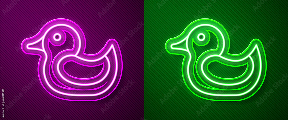 Fototapeta premium Glowing neon line Rubber duck icon isolated on purple and green background. Vector.