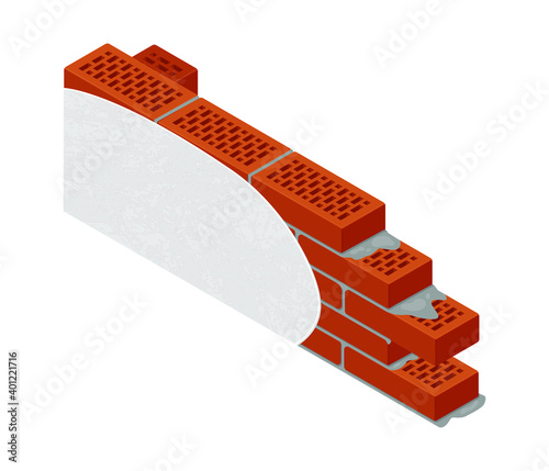 Stucco brick wall with cement mortar. New brick wall with white plaster. Brickwork isometric vector icon for industrial design. Isolated on white background. 3D. Vector illustration.