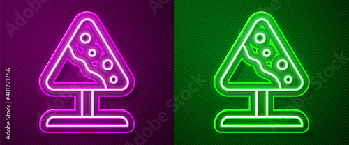 Glowing neon line Road sign avalanches icon isolated on purple and green background. Snowslide or snowslip rapid flow of snow down a sloping surface. Vector.