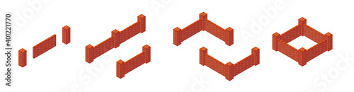 Set of isometric brick walls with cement mortar. New red brick walls of the house. Brick fence section icon. Masonry barrier elements isolated on white background. Brickwork. 3D. Vector illustration.