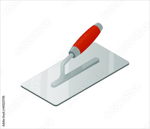 Isometric plastering trowel isolated on white background. Colorful trowel vector icon for web design. Four-sided stucco trowel with red plastic handle. Construction tool. Vector illustration. 3D.