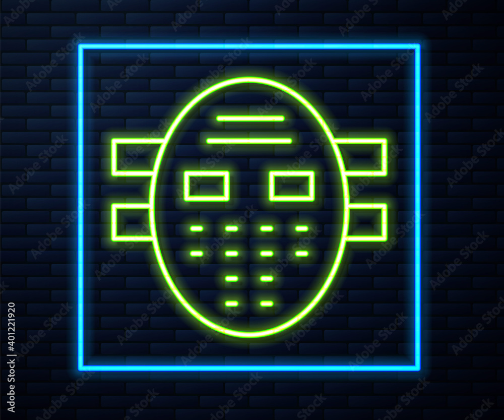 Glowing neon line Hockey mask icon isolated on brick wall background. Vector. Glowing neon line Hockey mask icon isolated on brick wall background. Vector.