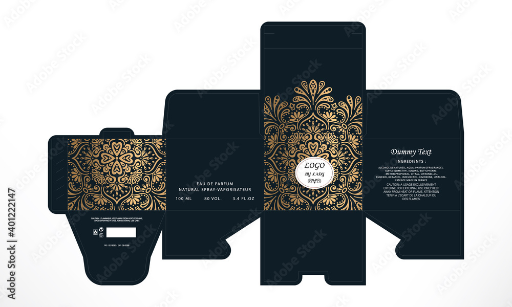 Vecteur Stock Perfume Packaging Box Design, luxury products Box die line,  3d Box Mockup labels, icon, frames and Design elements, 3d Illustration,  Vector design Template. | Adobe Stock