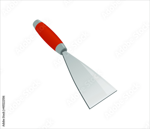 Isometric putty knife wall isolated on white background. Colorful wall worker trowel vector icon for web design. Scratcher tool logo. Spatula with a orange handle. Construction tool. 3D. Flat. Cartoon