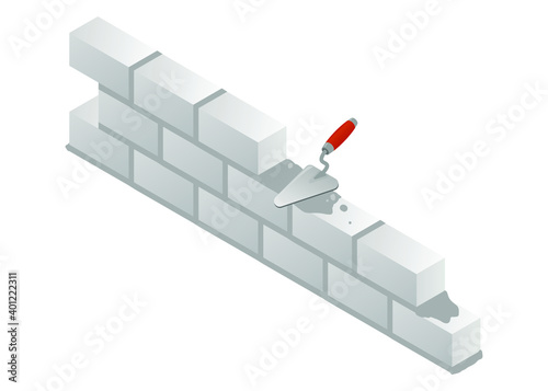 Realistic trowel and new grey brick wall with cement mortar. Brickwork isometric vector icon for industrial design. Aerated concrete block firewall isolated on white background. Vector illustration.