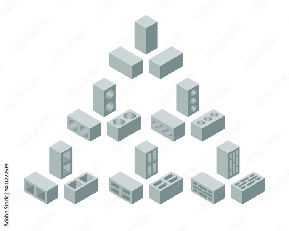 Set of cinder blocks isolated on white background. Gray bricks. Set of concrete building blocks icons. Construction. Flat 3d isometric vector cement blocks icons illustration.