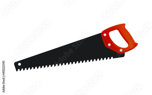 Flat metal hand saw with red handle isolated on white. Cartoon steel hacksaw for cutting metal and wood. Tool builder, carpenter, repairmen. Home handsaw flat vector icon. Construction instrument.