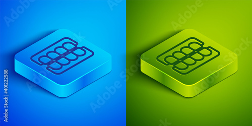 Isometric line False jaw icon isolated on blue and green background. Dental jaw or dentures, false teeth with incisors. Square button. Vector.