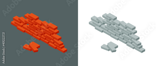Set of old brick walls with a hole. Isometric vector illustration icon of broken red brick barrier. Cracked 
gray brick wall isolated on white background. Pile of bricks icon. 3D. Vector illustration