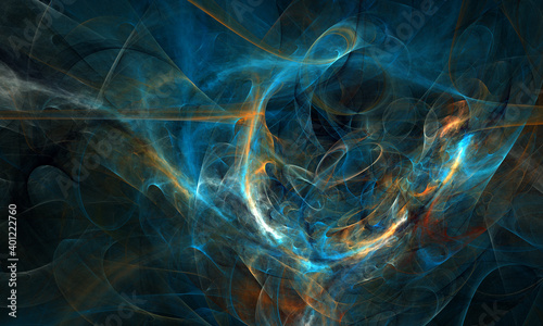 Beautiful abstract composition imitating cosmic processes. Colors of blue and orange with luminous highlights. Artistic and fictional illustration.