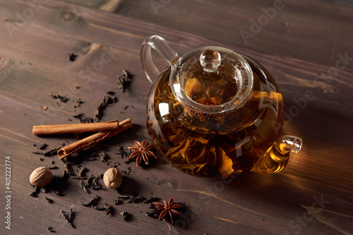 Glass teapot with tea
