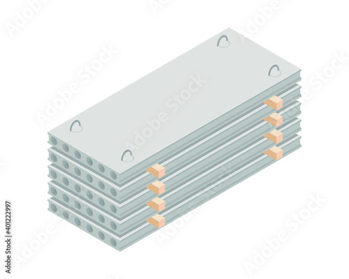 Vector illustration stack of concrete slabs isolated on a white background. Hollow core plank icon in isometric view. Building materials storage in flat style. Concrete slabs for construction purposes