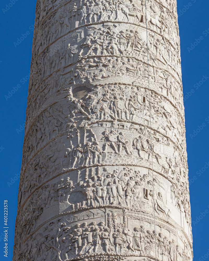 Details on the Roman triumphal column that commemorates Roman emperor Trajan victory in the Dacian Wars