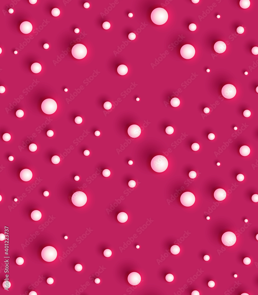 White balls on red background. Geometric Seamless Pattern. Texture with white round spheres. Design Template for packaging, cards, holiday decoration, textile, wallpaper, interior White balls on red background. Geometric Seamless Pattern. Texture with white round spheres. Design Template for packaging, cards, holiday decoration, textile, wallpaper, interior