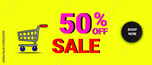 50 percent Discount sale Colorful. Vector illustration banner on yellow background.