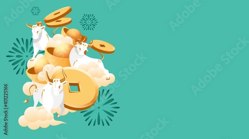 2021 Chinese New Year of Bull. White metal ox with golden horns and hooves. Zodiac symbol of oriental new year with copy space. Sign of coming year with ingots or gold bars. Vector stock illustration.