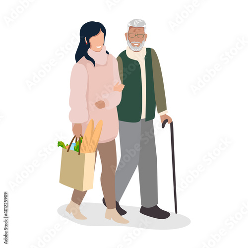 A young girl helps her grandfather to carry the groceries. Young people take care of the elderly. Social assistance for the elderly and volunteer work. Vector illustration.