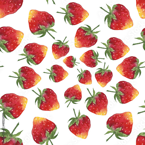 Fototapeta Naklejka Na Ścianę i Meble -  Seamless pattern of strawberry on white background. Watercolor hand drawing illustration. Perfect for digital paper, wrapping, textile, print. Red fruit.