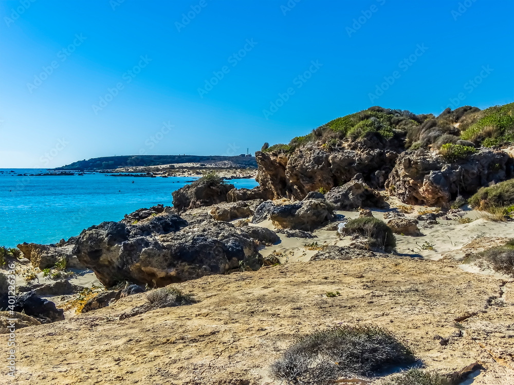 A view along the rocky shoreline at Elafonissi beach, Crete