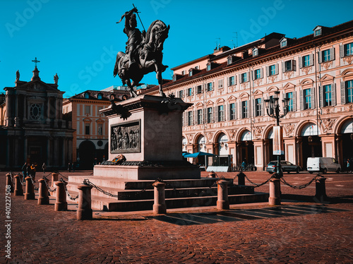 City of Turin, Baroque buildings and ancient cafes line the avenues and grandiose Turin squares, such as Piazza Castello and Piazza San Carlo. Nearby the Mole Antonelliana, Italy October 2018