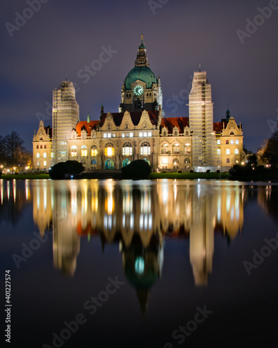 New Town Hall  Neues Rathaus  with a reflection of the building in the lake taken at night with a long exposure  Hanover  Lower Saxony  Germany 