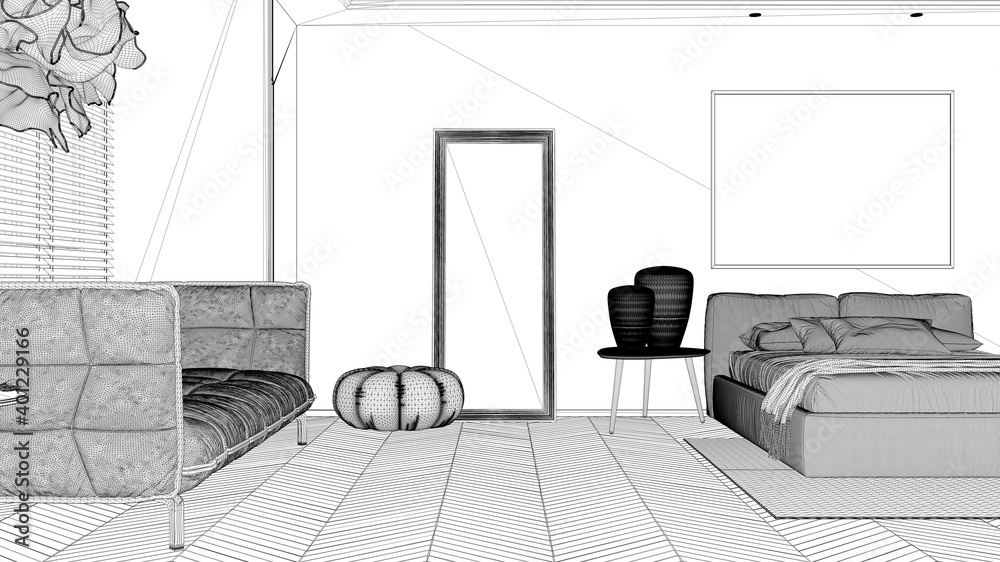 Blueprint project draft, modern bright bedroom, double bed with pillows, duvet and blanket, parquet, window and sofa, table with lamps, mirror with pouf, carpet, interior design idea Blueprint project draft, modern bright bedroom, double bed with pillows, duvet and blanket, parquet, window and sofa, table with lamps, mirror with pouf, carpet, interior design idea