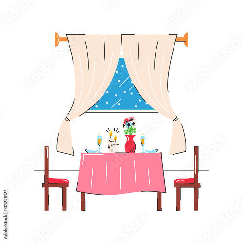 Valentine's day cozy cute dining room interior isolated. Romantic dating place with window, table and chairs. Anniversary celebration at home. House related objects. Vector flat linear illustration